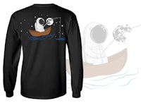 a black long - sleeve t - shirt with an astronaut fishing in a boat